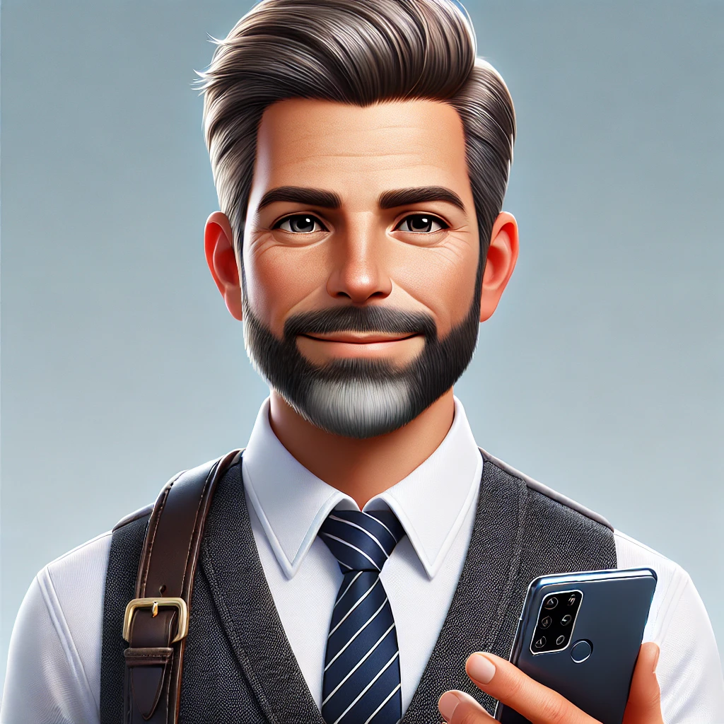 Image of DALL·E 2025 01 31 03.24.01 A highly realistic male mascot in a semi realistic cartoon style designed to appear older and experienced. He has short neatly combed salt and peppe